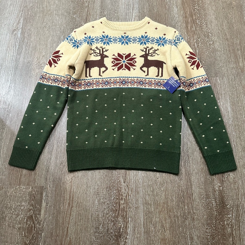 Kiel James Patrick UNISEX Green and Cream Sweater with Reindeer Pattern